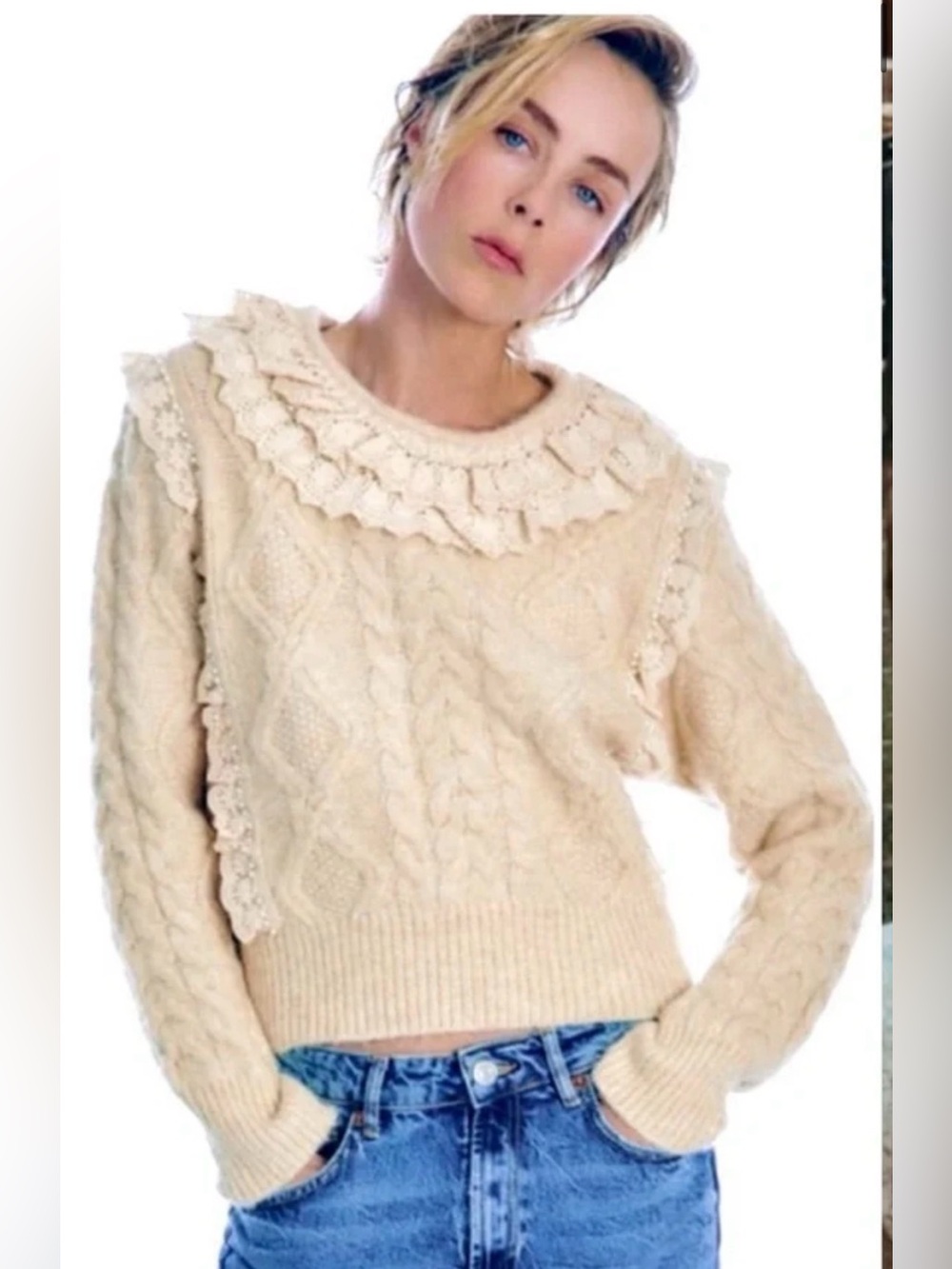 ZARA Lace Ruffle Collar Pearl Cable Knit Sweater Cream size S